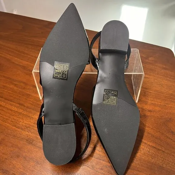 New C. Paravano Flats 7.5/40 EU Black Leather Pointed Toe Slingback Strap Women