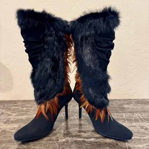 NEW Capelta Fur and Feather Heeled Leather Boots