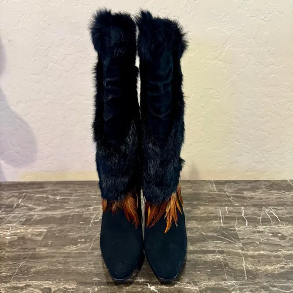 NEW Capelta Fur and Feather Heeled Leather Boots