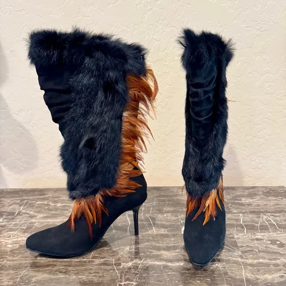 NEW Capelta Fur and Feather Heeled Leather Boots