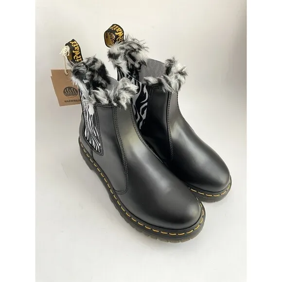 New Dr. Martens Bootie 8M Black Leonore Faux Fur Lined Chelsea Boots