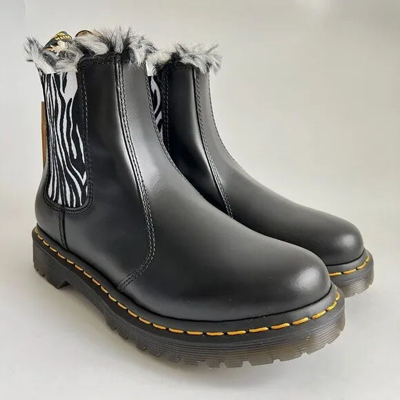 New Dr. Martens Bootie 8M Black Leonore Faux Fur Lined Chelsea Boots