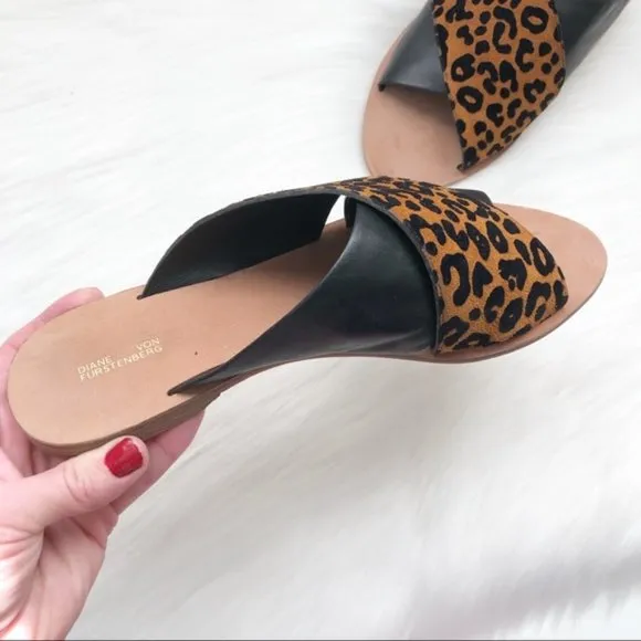 New DVF Bailie Suede Leather Leopard Sandal Brown Black Sz 6.5