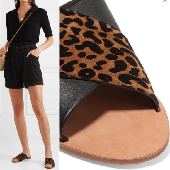 New DVF Bailie Suede Leather Leopard Sandal Brown Black Sz 6.5