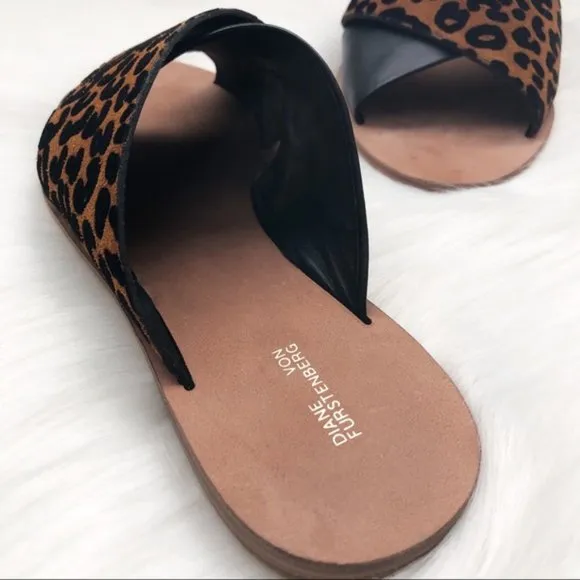 New DVF Bailie Suede Leather Leopard Sandal Brown Black Sz 6.5