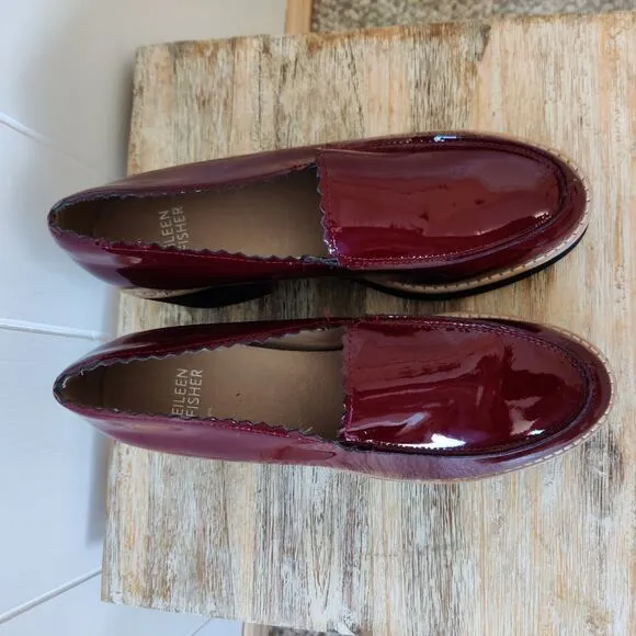 New Eileen Fisher Harria Platform Loafer 7.5M Burgundy Red Glossy Patent Leather