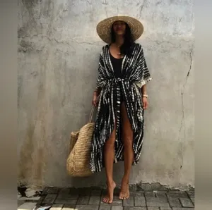New Flowy Boho Tie Dye Kimono Duster Long Black White