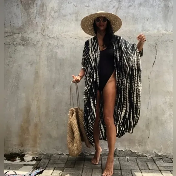 New Flowy Boho Tie Dye Kimono Duster Long Black White
