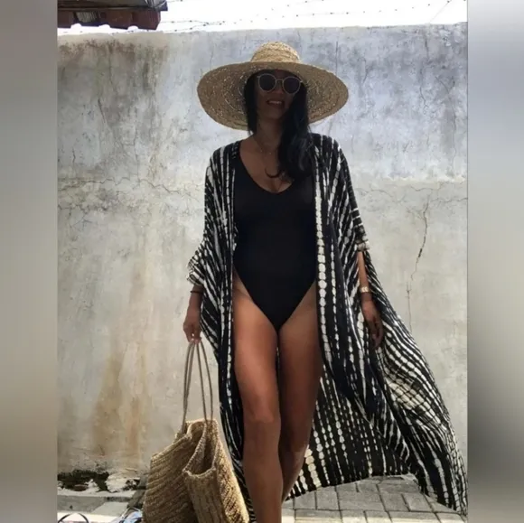 New Flowy Boho Tie Dye Kimono Duster Long Black White