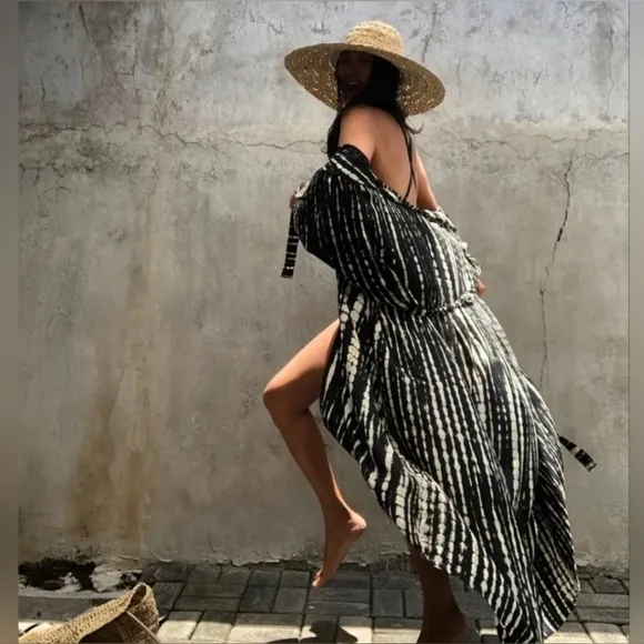 New Flowy Boho Tie Dye Kimono Duster Long Black White