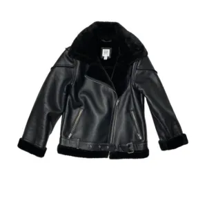 𝅺NEW Gap Kids Leather Faux Fur Lined Oversized Biker Jacket Black
