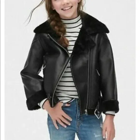 𝅺NEW Gap Kids Leather Faux Fur Lined Oversized Biker Jacket Black