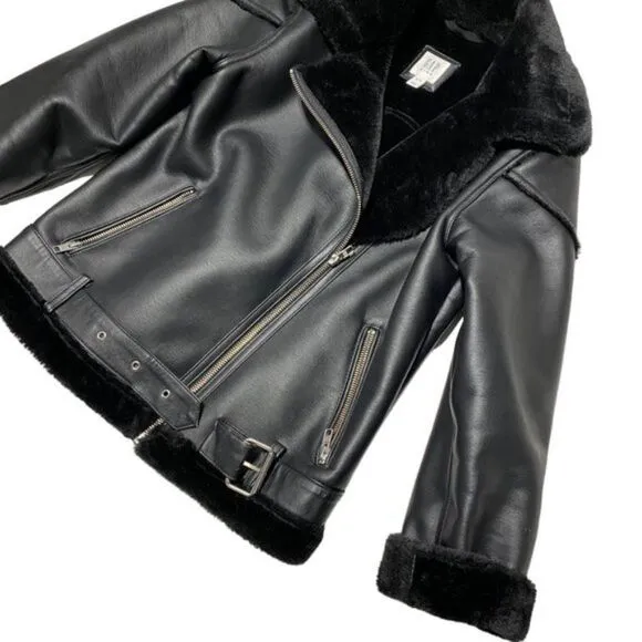 𝅺NEW Gap Kids Leather Faux Fur Lined Oversized Biker Jacket Black