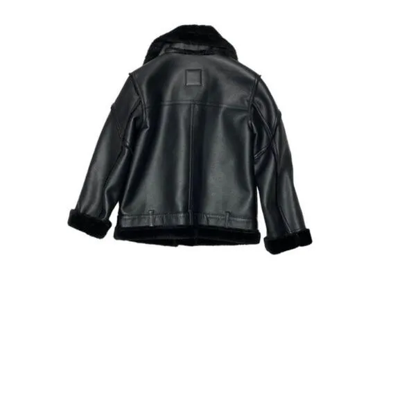 𝅺NEW Gap Kids Leather Faux Fur Lined Oversized Biker Jacket Black
