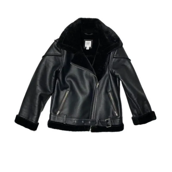 𝅺NEW Gap Kids Leather Faux Fur Lined Oversized Biker Jacket Black