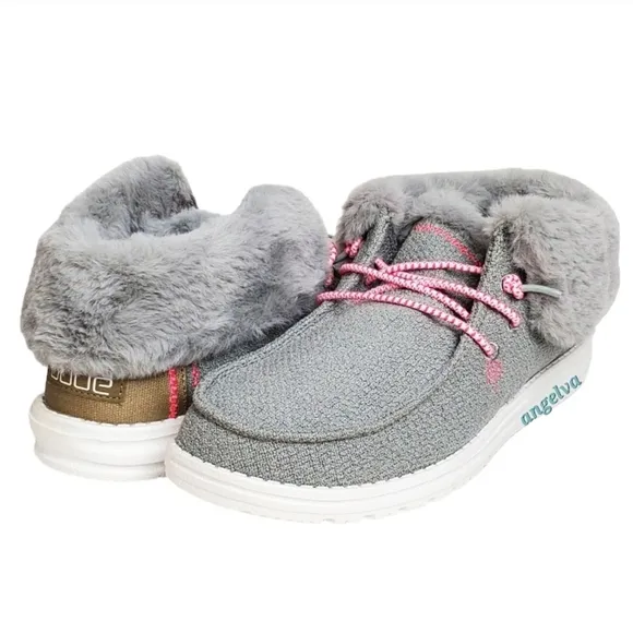 New Hey Dude Britt youth girls boho fold slip on shoes boots grey pink faux fur