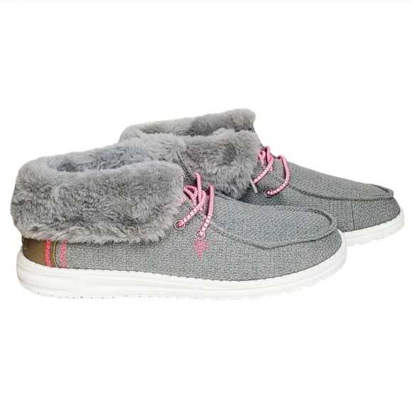 New Hey Dude Britt youth girls boho fold slip on shoes boots grey pink faux fur