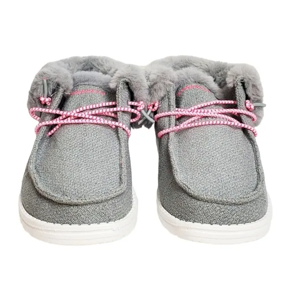 New Hey Dude Britt youth girls boho fold slip on shoes boots grey pink faux fur