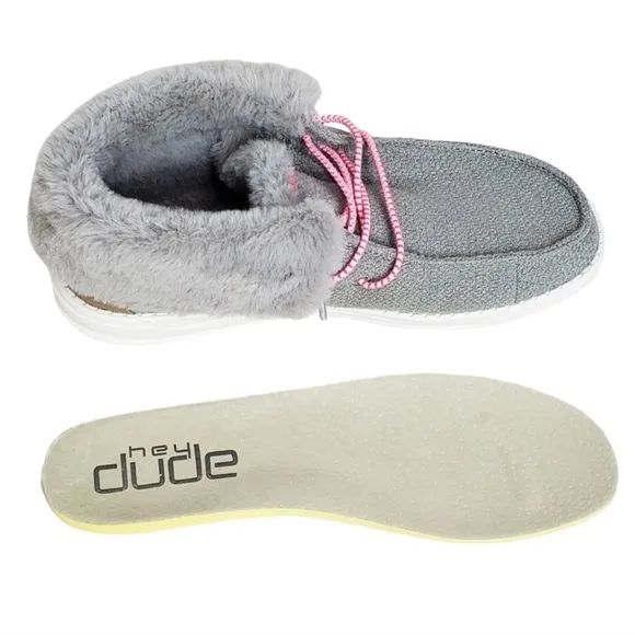 New Hey Dude Britt youth girls boho fold slip on shoes boots grey pink faux fur