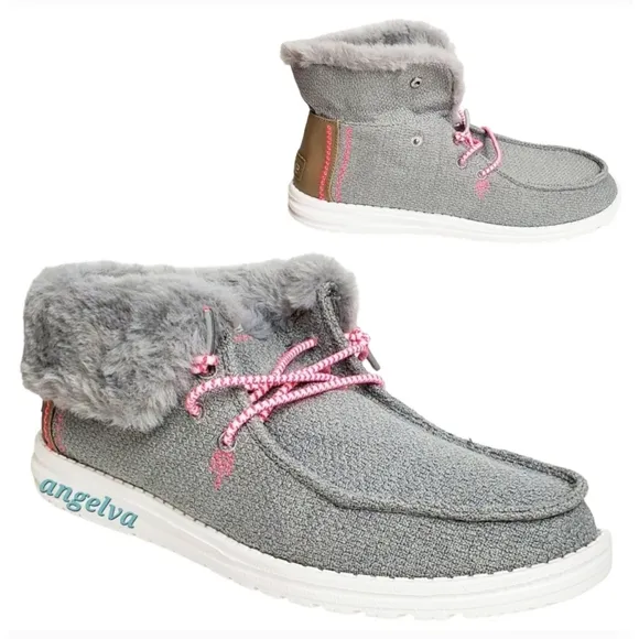 New Hey Dude Britt youth girls boho fold slip on shoes boots grey pink faux fur