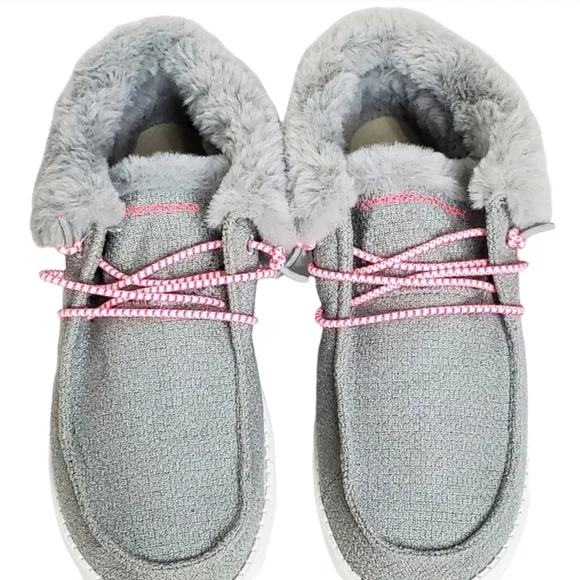 New Hey Dude Britt youth girls boho fold slip on shoes boots grey pink faux fur