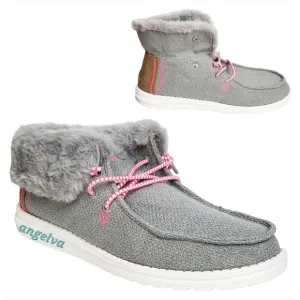 New Hey Dude Britt youth girls boho fold slip on shoes boots grey pink faux fur