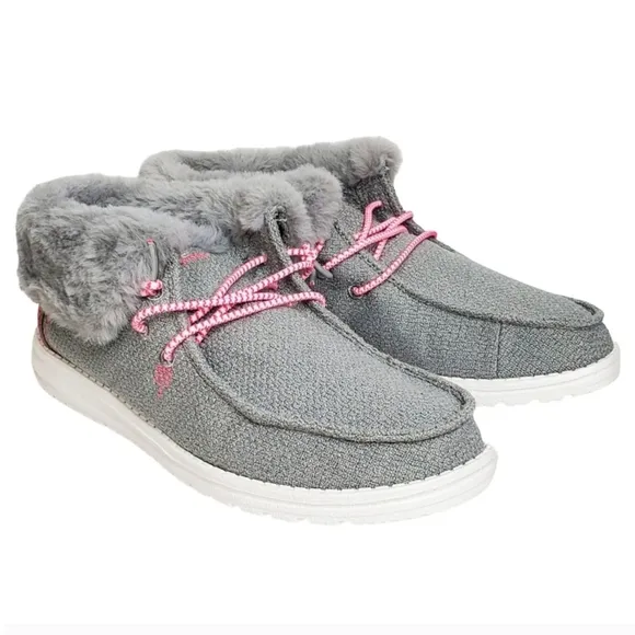 New Hey Dude Britt youth girls boho fold slip on shoes boots grey pink faux fur