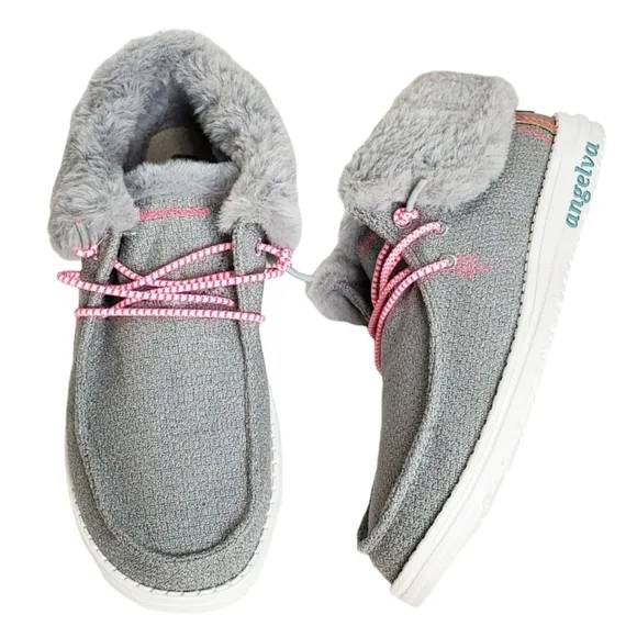 New Hey Dude Britt youth girls boho fold slip on shoes boots grey pink faux fur