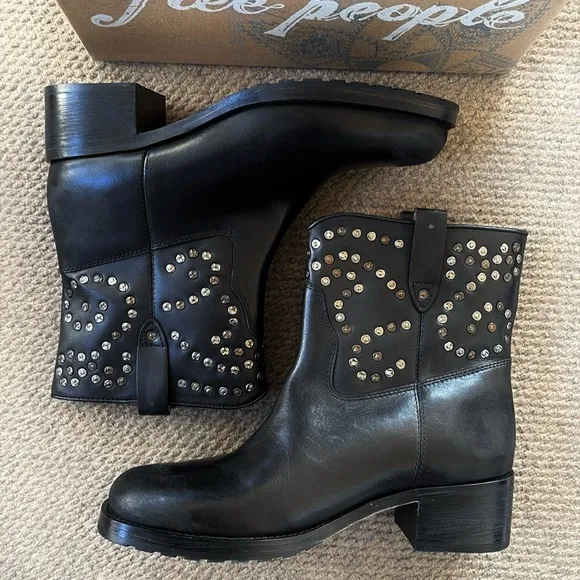 NEW in Box Free People Leather Harmony Studded Boots Black Size 6