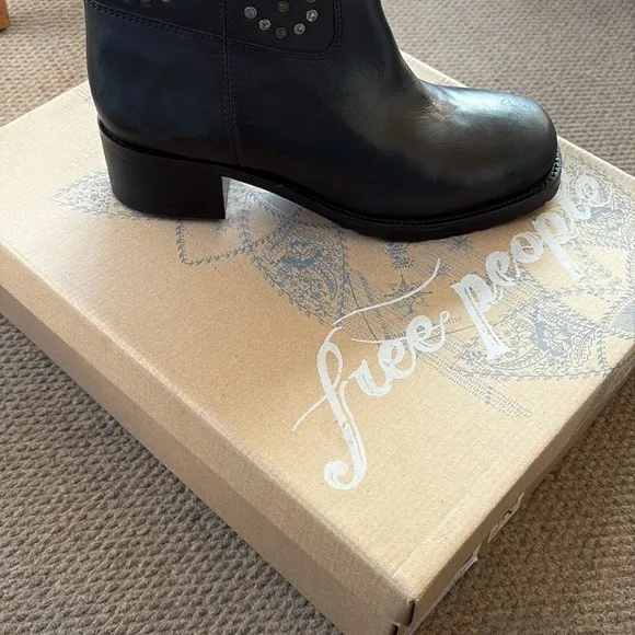 NEW in Box Free People Leather Harmony Studded Boots Black Size 6