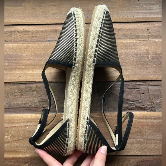NEW Jimmy Choo Donna Metallic Striped Strappy Gold Black Espadrille Sandal 8.5