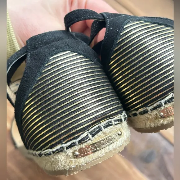 NEW Jimmy Choo Donna Metallic Striped Strappy Gold Black Espadrille Sandal 8.5