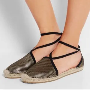 NEW Jimmy Choo Donna Metallic Striped Strappy Gold Black Espadrille Sandal 8.5
