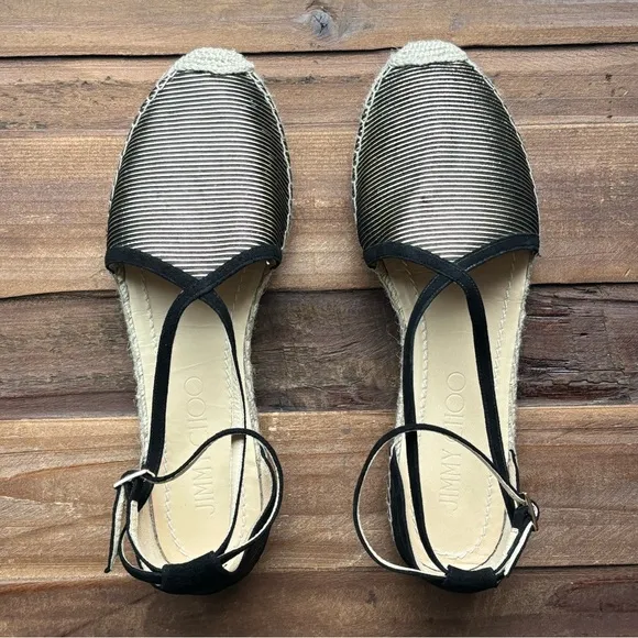 NEW Jimmy Choo Donna Metallic Striped Strappy Gold Black Espadrille Sandal 8.5