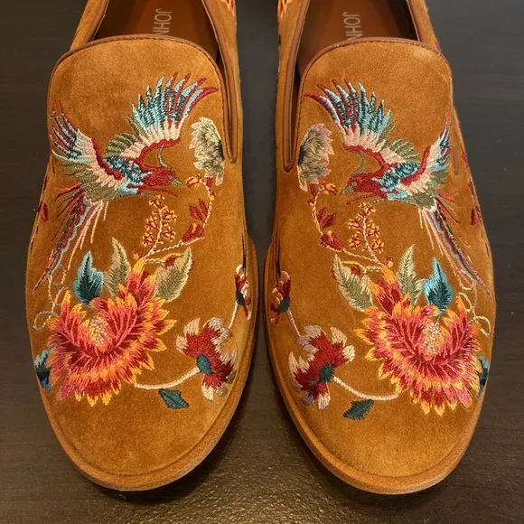 New Johnny Was Freja Embroidered Cognac Suede Leather Loafers Size 6