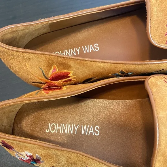 New Johnny Was Freja Embroidered Cognac Suede Leather Loafers Size 6