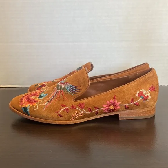 New Johnny Was Freja Embroidered Cognac Suede Leather Loafers Size 6