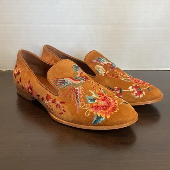 New Johnny Was Freja Embroidered Cognac Suede Leather Loafers Size 6
