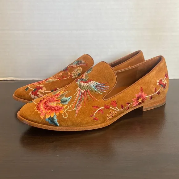New Johnny Was Freja Embroidered Cognac Suede Leather Loafers Size 6