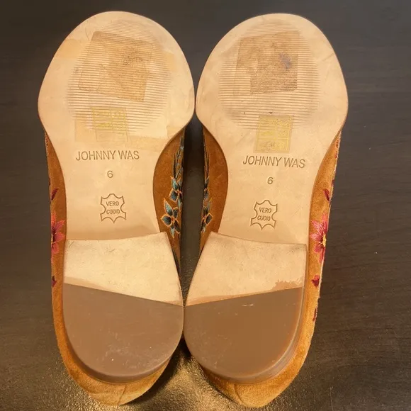 New Johnny Was Freja Embroidered Cognac Suede Leather Loafers Size 6