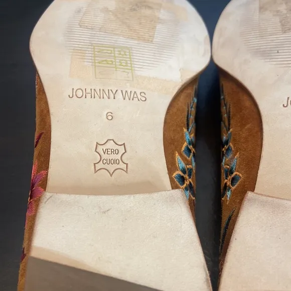 New Johnny Was Freja Embroidered Cognac Suede Leather Loafers Size 6