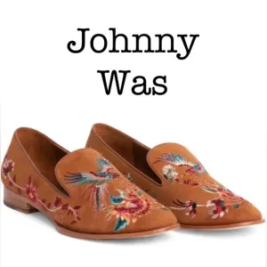 New Johnny Was Freja Embroidered Cognac Suede Leather Loafers Size 6