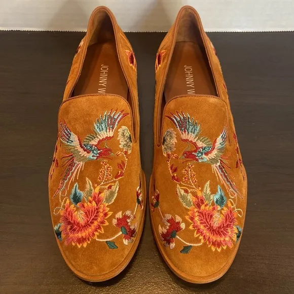 New Johnny Was Freja Embroidered Cognac Suede Leather Loafers Size 6