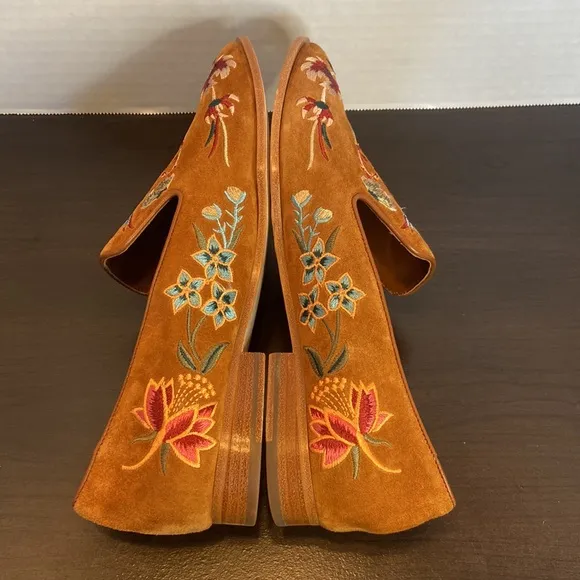 New Johnny Was Freja Embroidered Cognac Suede Leather Loafers Size 6