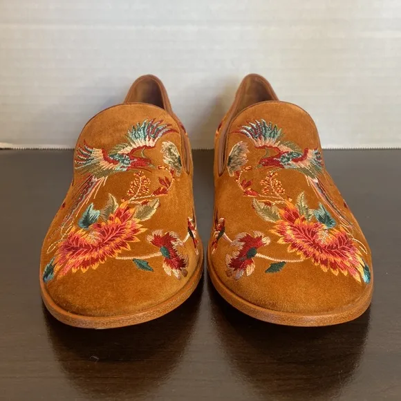 New Johnny Was Freja Embroidered Cognac Suede Leather Loafers Size 6