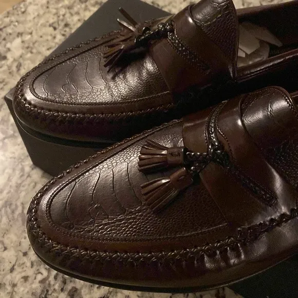 New Johnston &amp; Murphy Kelvin Dark Brown Alligator Leather Tassel Loafers 12