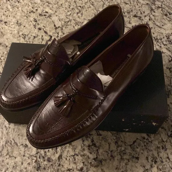 New Johnston &amp; Murphy Kelvin Dark Brown Alligator Leather Tassel Loafers 12