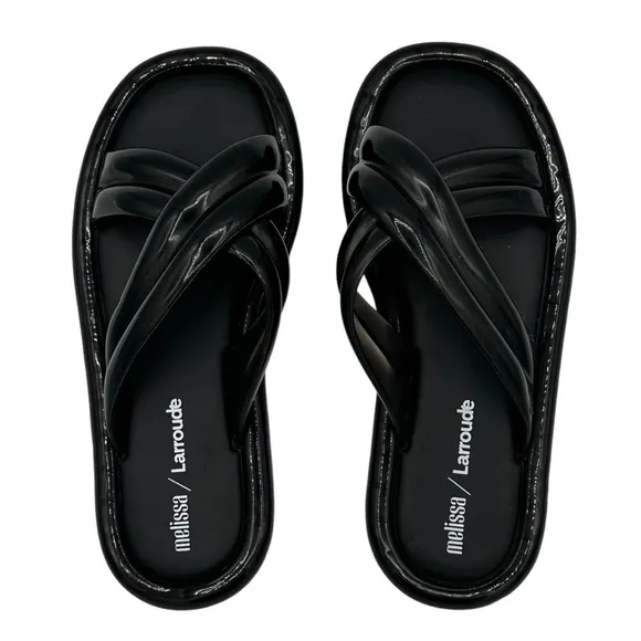 NEW LARROUDÉ x Melissa Cali PVC Slide Sandals Crossover Straps in Black Size 7