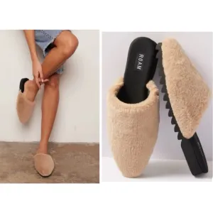 NEW ROAM Cloud Mules Beige Tan Faux Fur Fuzzy Slides