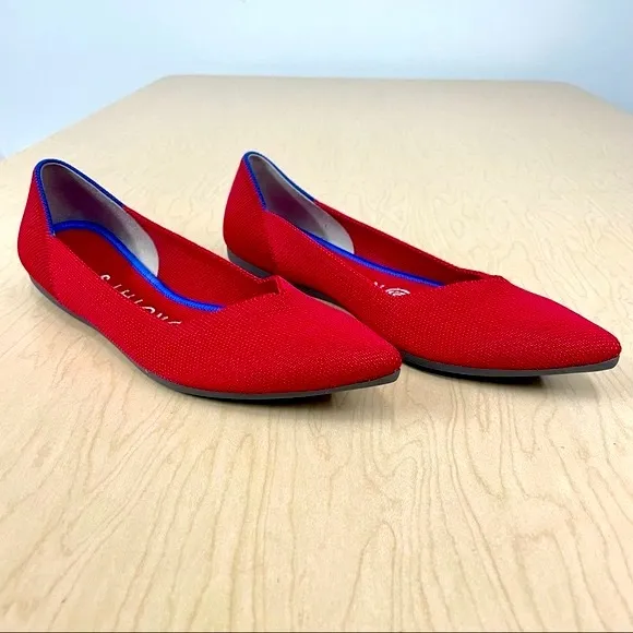 New Rothys Shoes Womens 7 The Point Chili Red Halo Blue Pointed Toe Flats Knit